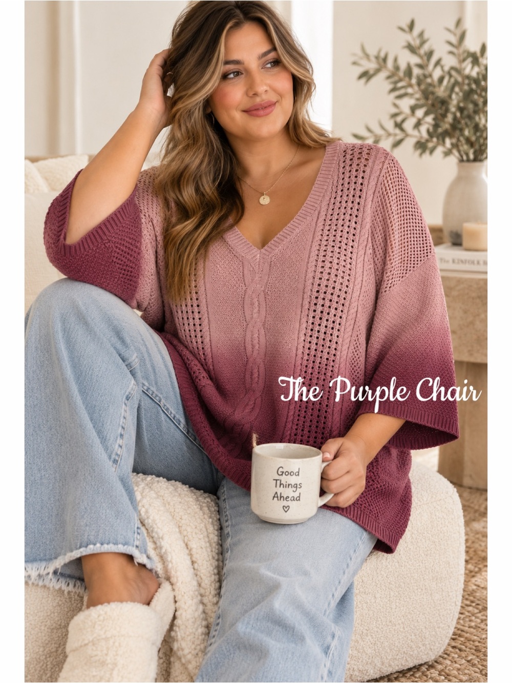 TORRID 3/4 Sleeve Cable Knit V-Neck Dip Dye Tunic *Dusty Quartz 5X